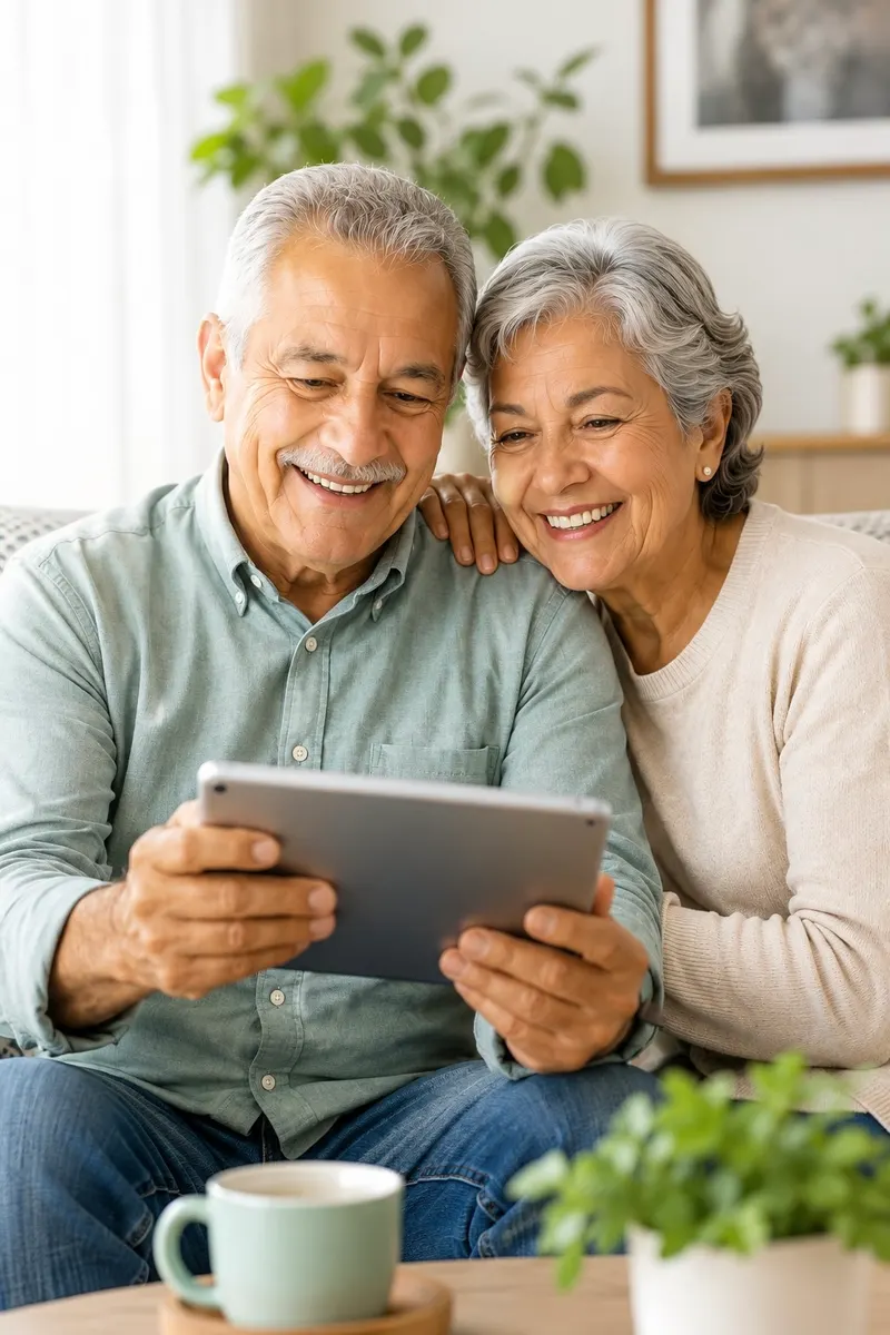 Pareja de pensionados sonriendo mientras revisan su información en una tableta
